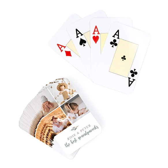 Personlige spillekort med billeder | 8,5 x 6 cm | Spansk eller fransk dæk | Dit billede på bagsiden | Leveres i gennemsigtig plasboks