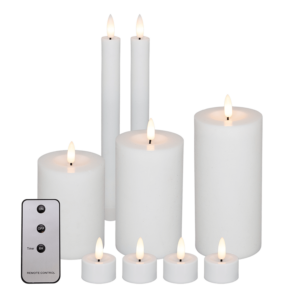 Cozzy bloklys, stagelys og fyrfadslys i gaveæske, 3D flamme, hvid, 10 dele