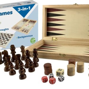 3-i-1 Brætspil I Træ - Skak, Backgammon Og Dam